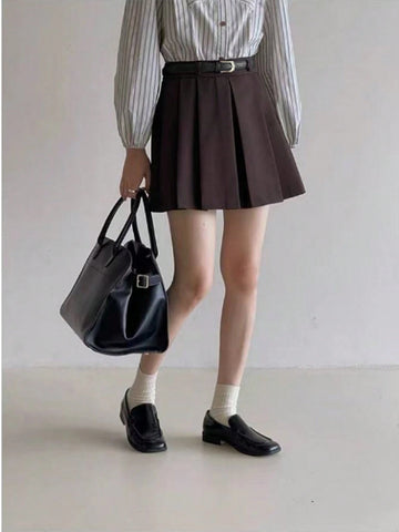 Women Plain Color Pleated A-Line Skirt, Casual Everyday Wear Women Plain Color Pleated A-Line Skirt, Casual Everyday Wear