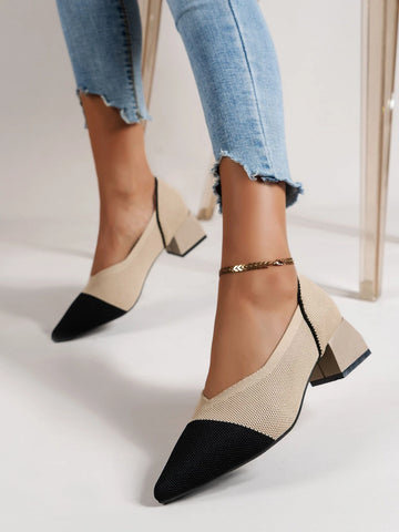Women Point Toe Chunky Heeled Pumps, Beige Elegant Color Block Heeled Court Pumps Women Point Toe Chunky Heeled Pumps, Beige Elegant Color Block Heeled Court Pumps