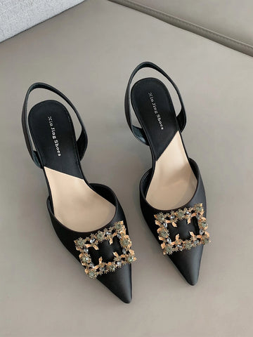 Women Rhinestone Decor Point Toe Pyramid Heeled Pumps, Glamorous Black Lycra Slingback Pumps Women Rhinestone Decor Point Toe Pyramid Heeled Pumps, Glamorous Black Lycra Slingback Pumps