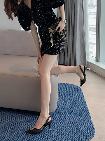 Women Rhinestone Decor Point Toe Pyramid Heeled Pumps, Glamorous Black Lycra Slingback Pumps Women Rhinestone Decor Point Toe Pyramid Heeled Pumps, Glamorous Black Lycra Slingback Pumps