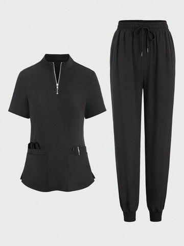 Women Scrubs With Half-Zipper Short Sleeve Top And Pants Sets Medical Nursing Uniform Scrub Set Women Scrubs With Half-Zipper Short Sleeve Top And Pants Sets Medical Nursing Uniform Scrub Set