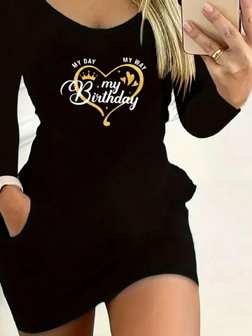 Women Sexy Long Sleeve Bodycon Dress, Heart And Letter Print, Elastic Knit Fabric, Round Neck, Suitable For All Seasons Women Sexy Long Sleeve Bodycon Dress, Heart And Letter Print, Elastic Knit Fabric, Round Neck, Suitable For All Seasons