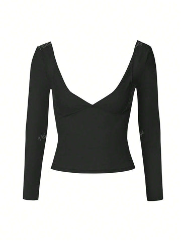 Women Solid Color Sweetheart Collar Long Sleeve Casual Blouse, Daily Wear Women Solid Color Sweetheart Collar Long Sleeve Casual Blouse, Daily Wear