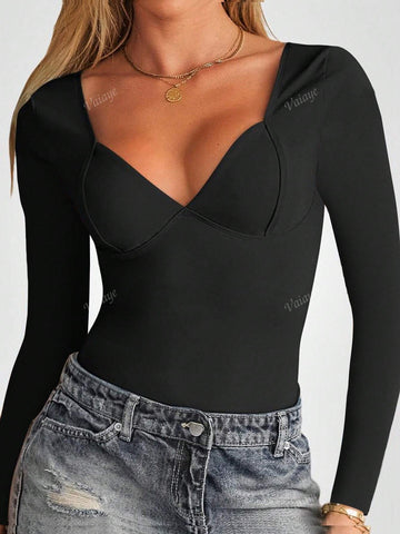 Women Solid Color Sweetheart Collar Long Sleeve Casual Blouse, Daily Wear Women Solid Color Sweetheart Collar Long Sleeve Casual Blouse, Daily Wear