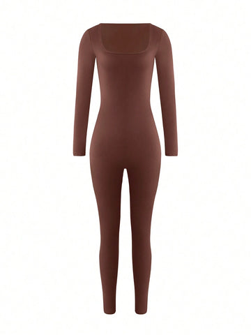 Women Solid Square Collar Stretchy Tight Long Sleeve Jumpsuit, Comfortable For Autumn/Winter Women Solid Square Collar Stretchy Tight Long Sleeve Jumpsuit, Comfortable For Autumn/Winter
