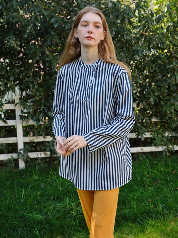 Women Spring/Summer Stand Collar Long Sleeve Striped Loose Casual Shirt Women Spring/Summer Stand Collar Long Sleeve Striped Loose Casual Shirt