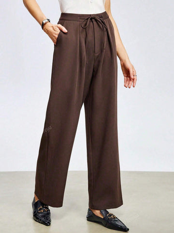 Women Tie-Up Pleated Loose Casual Straight Leg Pants Women Tie-Up Pleated Loose Casual Straight Leg Pants