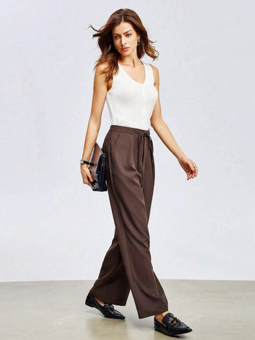 Women Tie-Up Pleated Loose Casual Straight Leg Pants Women Tie-Up Pleated Loose Casual Straight Leg Pants