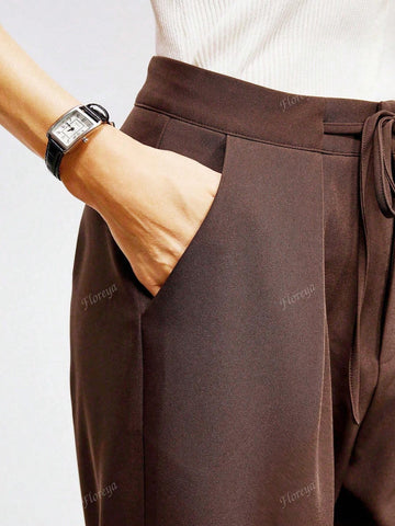 Women Tie-Up Pleated Loose Casual Straight Leg Pants Women Tie-Up Pleated Loose Casual Straight Leg Pants