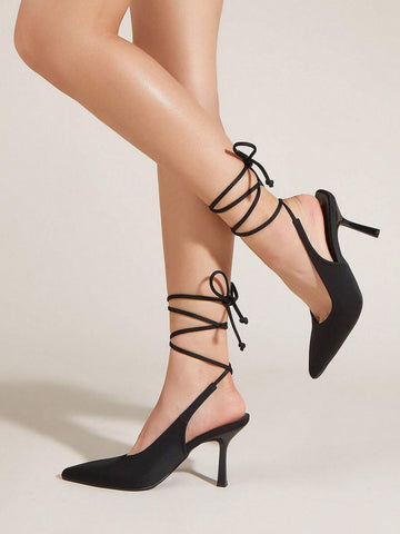 Women Tie Leg Design Strappy Pumps, Lycra Stiletto Heeled Elegant Pumps Women Tie Leg Design Strappy Pumps, Lycra Stiletto Heeled Elegant Pumps