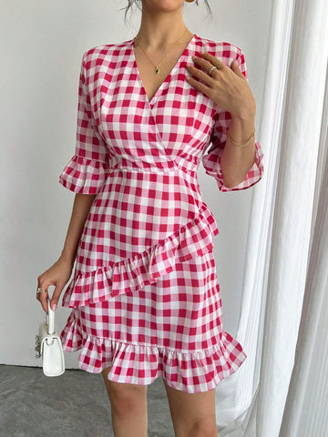 Women V-Neck Cross Front Short Sleeve Ruffle Hem Zipper Back Mini Dress, Plaid Patchwork A-Line Flared Skirt, Elegant & Cute Party/Holiday/Resort Dress Women V-Neck Cross Front Short Sleeve Ruffle Hem Zipper Back Mini Dress, Plaid Patchwork A-Line Flared Skirt, Elegant & Cute Party/Holiday/Resort Dress