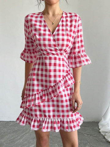 Women V-Neck Cross Front Short Sleeve Ruffle Hem Zipper Back Mini Dress, Plaid Patchwork A-Line Flared Skirt, Elegant & Cute Party/Holiday/Resort Dress Women V-Neck Cross Front Short Sleeve Ruffle Hem Zipper Back Mini Dress, Plaid Patchwork A-Line Flared Skirt, Elegant & Cute Party/Holiday/Resort Dress