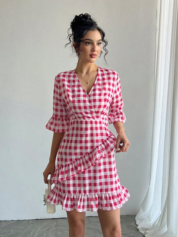 Women V-Neck Cross Front Short Sleeve Ruffle Hem Zipper Back Mini Dress, Plaid Patchwork A-Line Flared Skirt, Elegant & Cute Party/Holiday/Resort Dress Women V-Neck Cross Front Short Sleeve Ruffle Hem Zipper Back Mini Dress, Plaid Patchwork A-Line Flared Skirt, Elegant & Cute Party/Holiday/Resort Dress