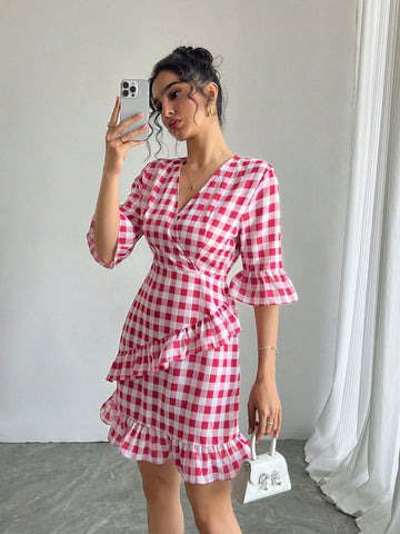 Women V-Neck Cross Front Short Sleeve Ruffle Hem Zipper Back Mini Dress, Plaid Patchwork A-Line Flared Skirt, Elegant & Cute Party/Holiday/Resort Dress Women V-Neck Cross Front Short Sleeve Ruffle Hem Zipper Back Mini Dress, Plaid Patchwork A-Line Flared Skirt, Elegant & Cute Party/Holiday/Resort Dress