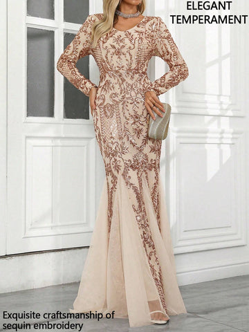 Women V-Neck Random Sequin Print Elegant Mesh Mermaid Hem Dress, Formal Gown For Wedding Party And Evening Women V-Neck Random Sequin Print Elegant Mesh Mermaid Hem Dress, Formal Gown For Wedding Party And Evening