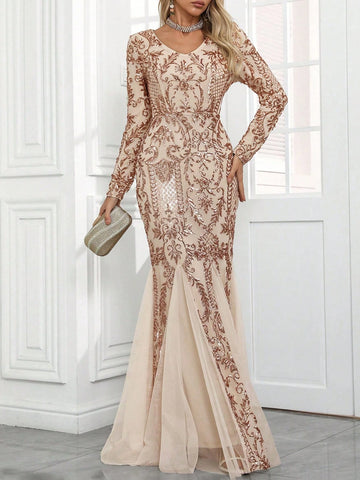 Women V-Neck Random Sequin Print Elegant Mesh Mermaid Hem Dress, Formal Gown For Wedding Party And Evening Women V-Neck Random Sequin Print Elegant Mesh Mermaid Hem Dress, Formal Gown For Wedding Party And Evening