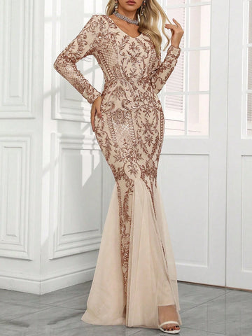 Women V-Neck Random Sequin Print Elegant Mesh Mermaid Hem Dress, Formal Gown For Wedding Party And Evening Women V-Neck Random Sequin Print Elegant Mesh Mermaid Hem Dress, Formal Gown For Wedding Party And Evening