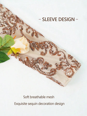 Women V-Neck Random Sequin Print Elegant Mesh Mermaid Hem Dress, Formal Gown For Wedding Party And Evening Women V-Neck Random Sequin Print Elegant Mesh Mermaid Hem Dress, Formal Gown For Wedding Party And Evening