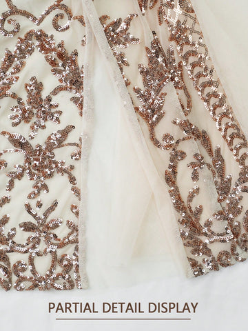 Women V-Neck Random Sequin Print Elegant Mesh Mermaid Hem Dress, Formal Gown For Wedding Party And Evening Women V-Neck Random Sequin Print Elegant Mesh Mermaid Hem Dress, Formal Gown For Wedding Party And Evening