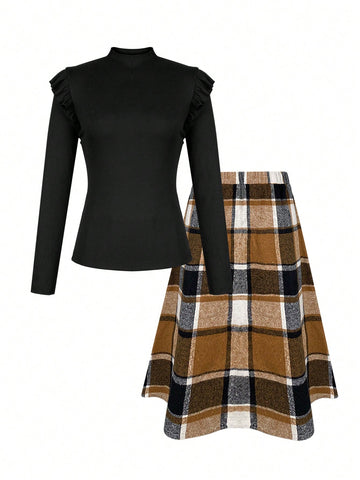 Women's 2-Piece Suit, Solid Black Long-Sleeved Small Stand-Up Collar Top And Plaid Printed Skirt, Knee-Length Skirt, Elegant, Suitable For All Seasons Women's 2-Piece Suit, Solid Black Long-Sleeved Small Stand-Up Collar Top And Plaid Printed Skirt, Knee-Length Skirt, Elegant, Suitable For All Seasons