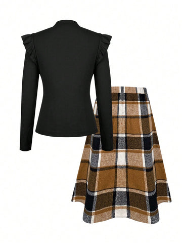 Women's 2-Piece Suit, Solid Black Long-Sleeved Small Stand-Up Collar Top And Plaid Printed Skirt, Knee-Length Skirt, Elegant, Suitable For All Seasons Women's 2-Piece Suit, Solid Black Long-Sleeved Small Stand-Up Collar Top And Plaid Printed Skirt, Knee-Length Skirt, Elegant, Suitable For All Seasons