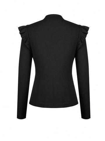 Women's 2-Piece Suit, Solid Black Long-Sleeved Small Stand-Up Collar Top And Plaid Printed Skirt, Knee-Length Skirt, Elegant, Suitable For All Seasons Women's 2-Piece Suit, Solid Black Long-Sleeved Small Stand-Up Collar Top And Plaid Printed Skirt, Knee-Length Skirt, Elegant, Suitable For All Seasons