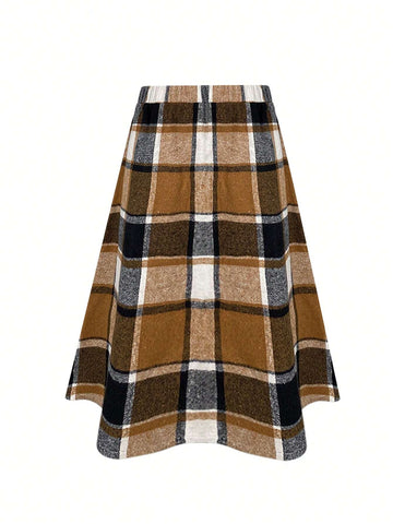 Women's 2-Piece Suit, Solid Black Long-Sleeved Small Stand-Up Collar Top And Plaid Printed Skirt, Knee-Length Skirt, Elegant, Suitable For All Seasons Women's 2-Piece Suit, Solid Black Long-Sleeved Small Stand-Up Collar Top And Plaid Printed Skirt, Knee-Length Skirt, Elegant, Suitable For All Seasons