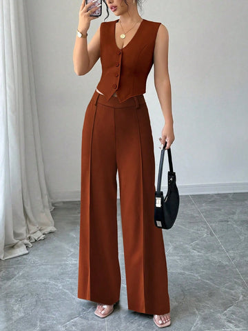 Women's 2Pcs Elegant Casual Business Commuter Elastic Banded V-Neck Vest Jacket & Straight Long Pants Suit Set, Suitable For Spring/Summer Office Lady Women's 2Pcs Elegant Casual Business Commuter Elastic Banded V-Neck Vest Jacket & Straight Long Pants Suit Set, Suitable For Spring/Summer Office Lady
