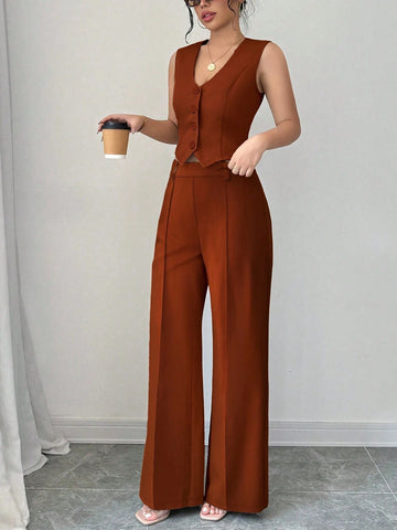 Women's 2Pcs Elegant Casual Business Commuter Elastic Banded V-Neck Vest Jacket & Straight Long Pants Suit Set, Suitable For Spring/Summer Office Lady Women's 2Pcs Elegant Casual Business Commuter Elastic Banded V-Neck Vest Jacket & Straight Long Pants Suit Set, Suitable For Spring/Summer Office Lady