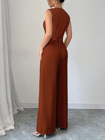 Women's 2Pcs Elegant Casual Business Commuter Elastic Banded V-Neck Vest Jacket & Straight Long Pants Suit Set, Suitable For Spring/Summer Office Lady Women's 2Pcs Elegant Casual Business Commuter Elastic Banded V-Neck Vest Jacket & Straight Long Pants Suit Set, Suitable For Spring/Summer Office Lady