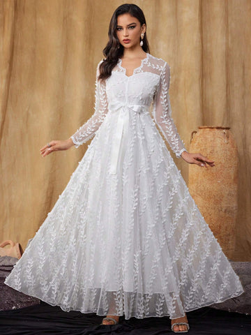 Women's 3D Embroidered Mesh Lace Wedding Dress Long Sleeve V Neck Belt Gown Women's 3D Embroidered Mesh Lace Wedding Dress Long Sleeve V Neck Belt Gown