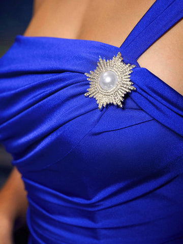 Women's Asymmetrical Backless Evening Dress With Detachable Decor Button And Tie Waist (Embellished), Wedding Event Dress Women's Asymmetrical Backless Evening Dress With Detachable Decor Button And Tie Waist (Embellished), Wedding Event Dress