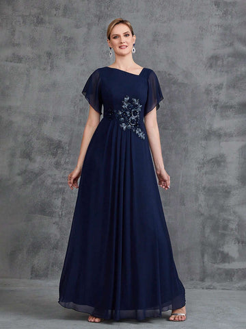 Women's Asymmetrical Neck Floral Applique Short Sleeve Chiffon Party Dress Women's Asymmetrical Neck Floral Applique Short Sleeve Chiffon Party Dress