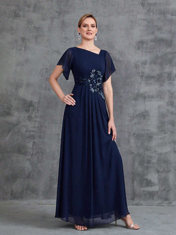 Women's Asymmetrical Neck Floral Applique Short Sleeve Chiffon Party Dress Women's Asymmetrical Neck Floral Applique Short Sleeve Chiffon Party Dress