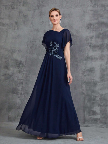 Women's Asymmetrical Neck Floral Applique Short Sleeve Chiffon Party Dress Women's Asymmetrical Neck Floral Applique Short Sleeve Chiffon Party Dress