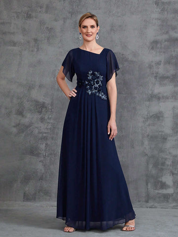 Women's Asymmetrical Neck Floral Applique Short Sleeve Chiffon Party Dress Women's Asymmetrical Neck Floral Applique Short Sleeve Chiffon Party Dress