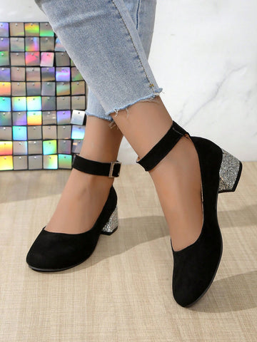 Women's Autumn/Winter Ballet Round Toe Ankle Strap Silver Glitter Block Heel Black Suede Women's Autumn/Winter Ballet Round Toe Ankle Strap Silver Glitter Block Heel Black Suede