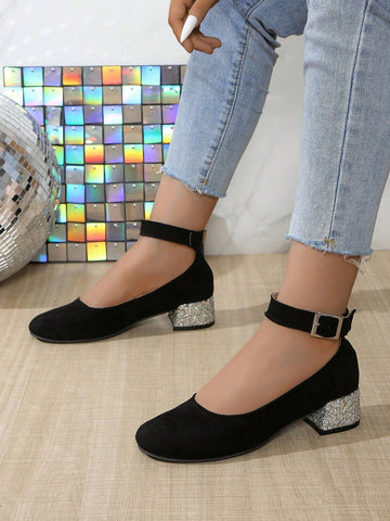 Women's Autumn/Winter Ballet Round Toe Ankle Strap Silver Glitter Block Heel Black Suede Women's Autumn/Winter Ballet Round Toe Ankle Strap Silver Glitter Block Heel Black Suede