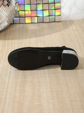 Women's Autumn/Winter Ballet Round Toe Ankle Strap Silver Glitter Block Heel Black Suede Women's Autumn/Winter Ballet Round Toe Ankle Strap Silver Glitter Block Heel Black Suede