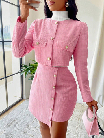 Women's Autumn And Winter Ladies' Tweed Button Front Crop Jacket & Button Front Mini Skirt Set Two Piece Women's Autumn And Winter Ladies' Tweed Button Front Crop Jacket & Button Front Mini Skirt Set Two Piece