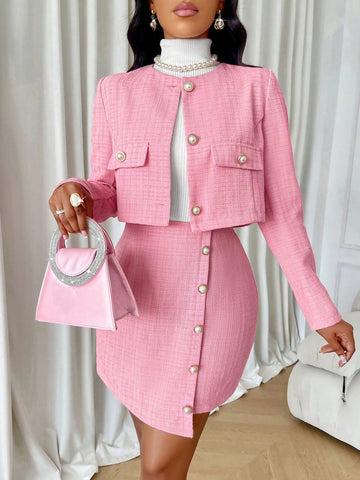 Women's Autumn And Winter Ladies' Tweed Button Front Crop Jacket & Button Front Mini Skirt Set Two Piece Women's Autumn And Winter Ladies' Tweed Button Front Crop Jacket & Button Front Mini Skirt Set Two Piece
