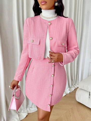 Women's Autumn And Winter Ladies' Tweed Button Front Crop Jacket & Button Front Mini Skirt Set Two Piece Women's Autumn And Winter Ladies' Tweed Button Front Crop Jacket & Button Front Mini Skirt Set Two Piece