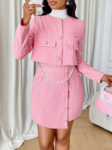 Women's Autumn And Winter Ladies' Tweed Button Front Crop Jacket & Button Front Mini Skirt Set Two Piece Women's Autumn And Winter Ladies' Tweed Button Front Crop Jacket & Button Front Mini Skirt Set Two Piece