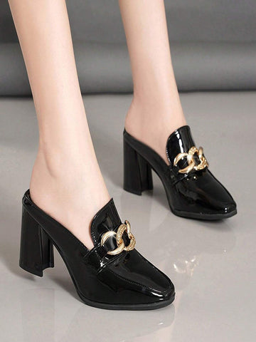 Women's Backless High Heels With Chain Decoration, Fashion Square Toe Slip-On Chunky Heeled Sandals, Women's Backless High Heels With Chain Decoration, Fashion Square Toe Slip-On Chunky Heeled Sandals,