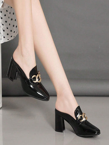 Women's Backless High Heels With Chain Decoration, Fashion Square Toe Slip-On Chunky Heeled Sandals, Women's Backless High Heels With Chain Decoration, Fashion Square Toe Slip-On Chunky Heeled Sandals,