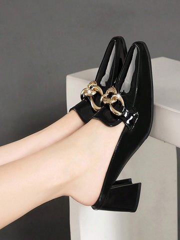 Women's Backless High Heels With Chain Decoration, Fashion Square Toe Slip-On Chunky Heeled Sandals, Women's Backless High Heels With Chain Decoration, Fashion Square Toe Slip-On Chunky Heeled Sandals,