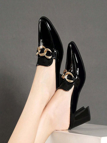 Women's Backless High Heels With Chain Decoration, Fashion Square Toe Slip-On Chunky Heeled Sandals, Women's Backless High Heels With Chain Decoration, Fashion Square Toe Slip-On Chunky Heeled Sandals,
