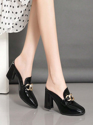 Women's Backless High Heels With Chain Decoration, Fashion Square Toe Slip-On Chunky Heeled Sandals, Women's Backless High Heels With Chain Decoration, Fashion Square Toe Slip-On Chunky Heeled Sandals,