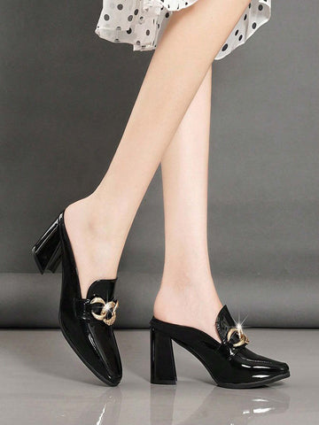 Women's Backless High Heels With Chain Decoration, Fashion Square Toe Slip-On Chunky Heeled Sandals, Women's Backless High Heels With Chain Decoration, Fashion Square Toe Slip-On Chunky Heeled Sandals,