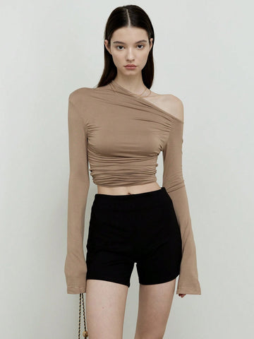Women's Basic Irregular Off-Shoulder Design Long Sleeve Top, Autumn Women's Basic Irregular Off-Shoulder Design Long Sleeve Top, Autumn